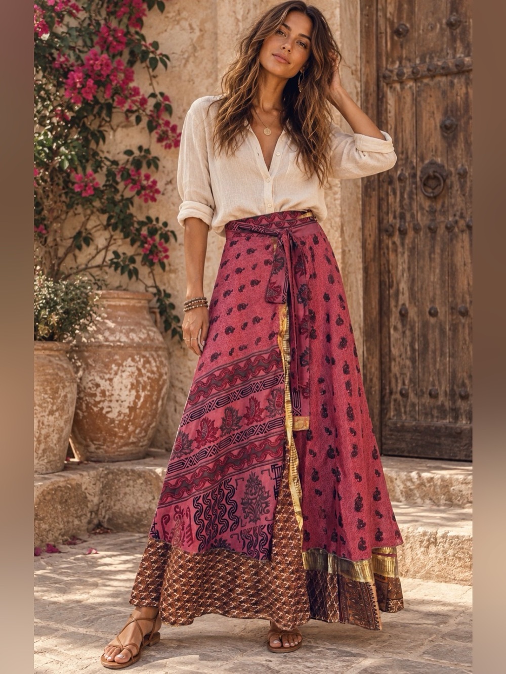 Wrap Maxi Skirt in Magenta Paisley Print with Gold Trim
